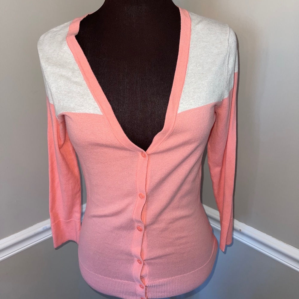Merona Cardigan Sweater Pink‎ White Preppy Office Y2K Whimsical Small